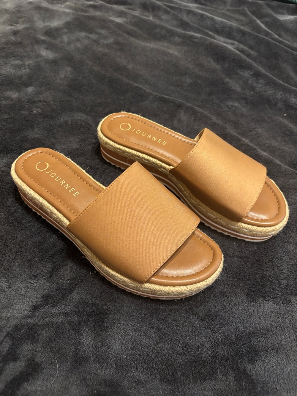 Journee Collection Tan Slide Espadrille Platform Sandals